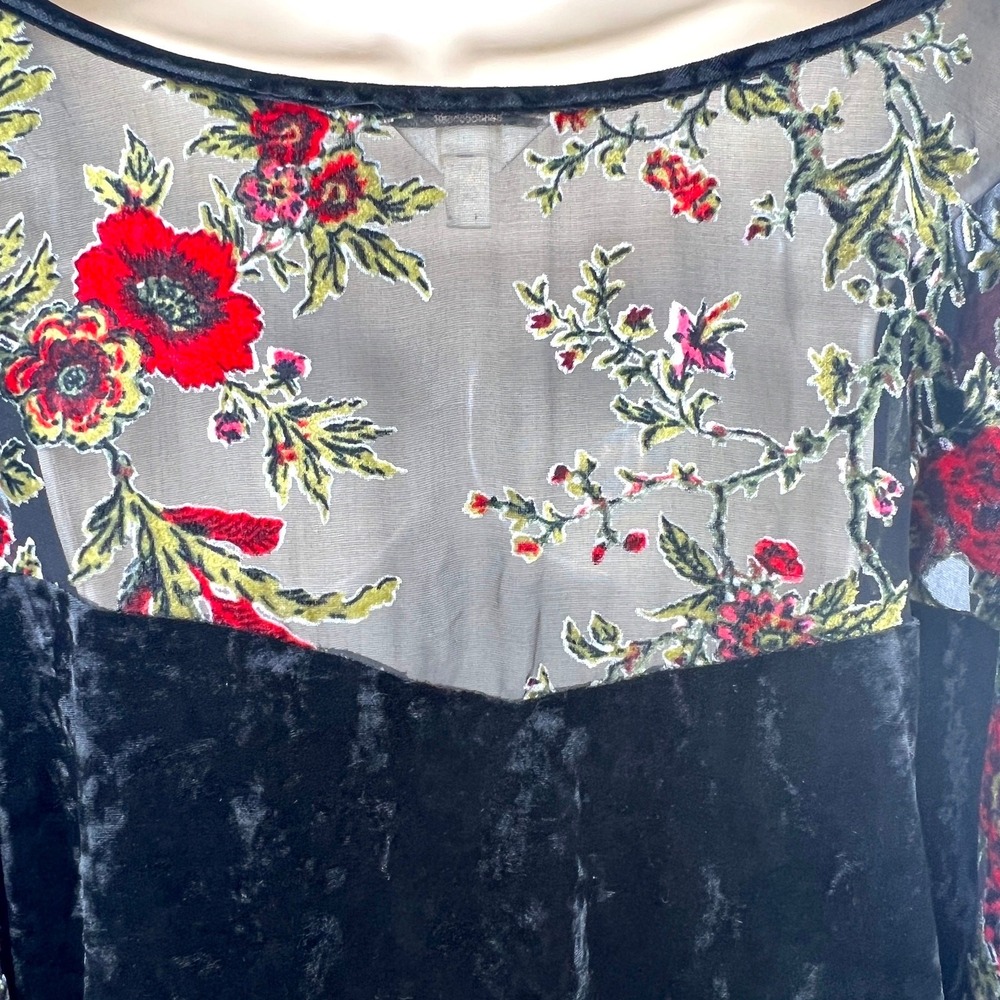 Adiva Womens Top 3X Black Velvet Sheer Embroidered‎ Red Floral Sleeves Romantic - Picture 5 of 8